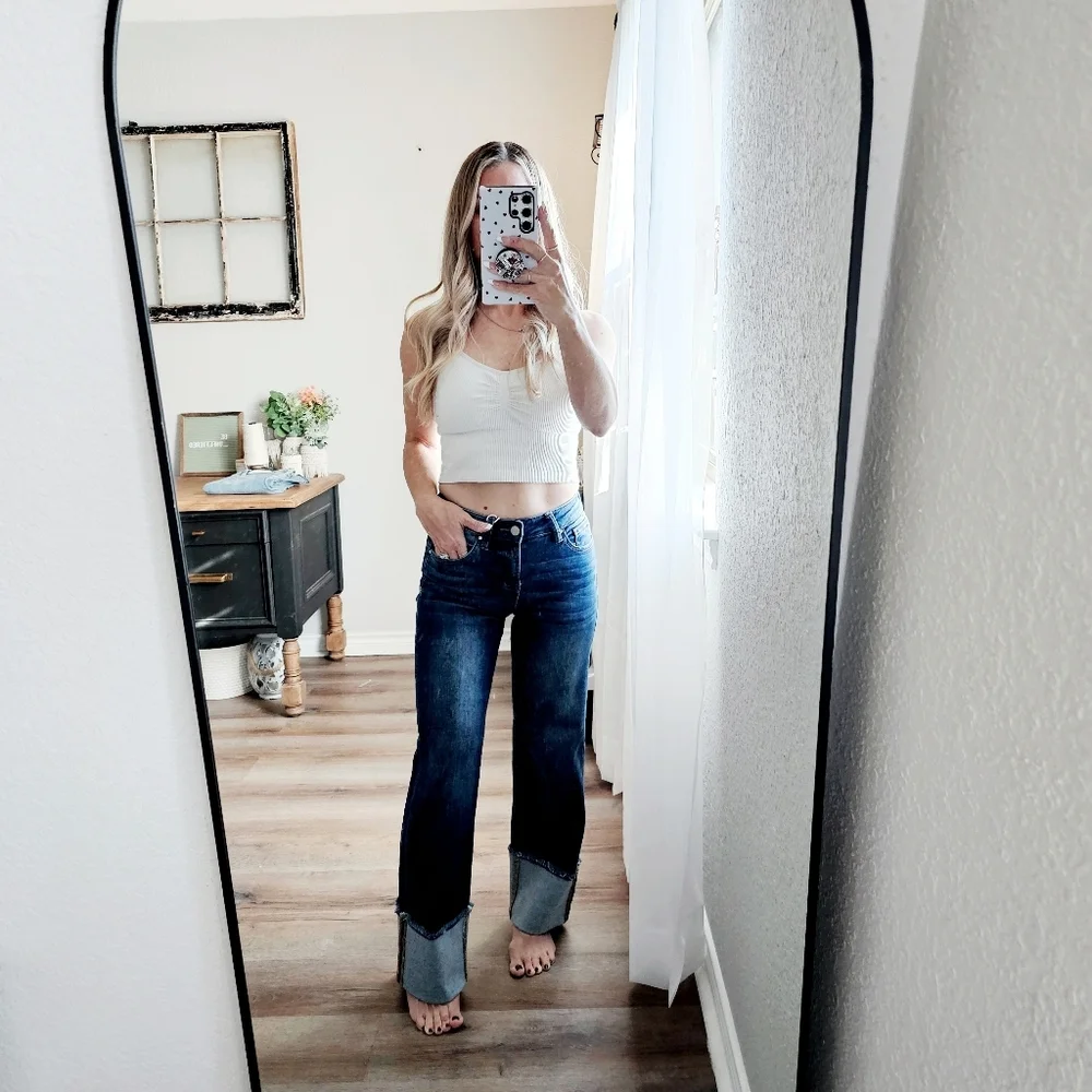 Risen Mid Rise Dark Wash Slim Wide Leg Wide Cuff Denim Jeans Stretch Various NEW - Picture 11 of 11